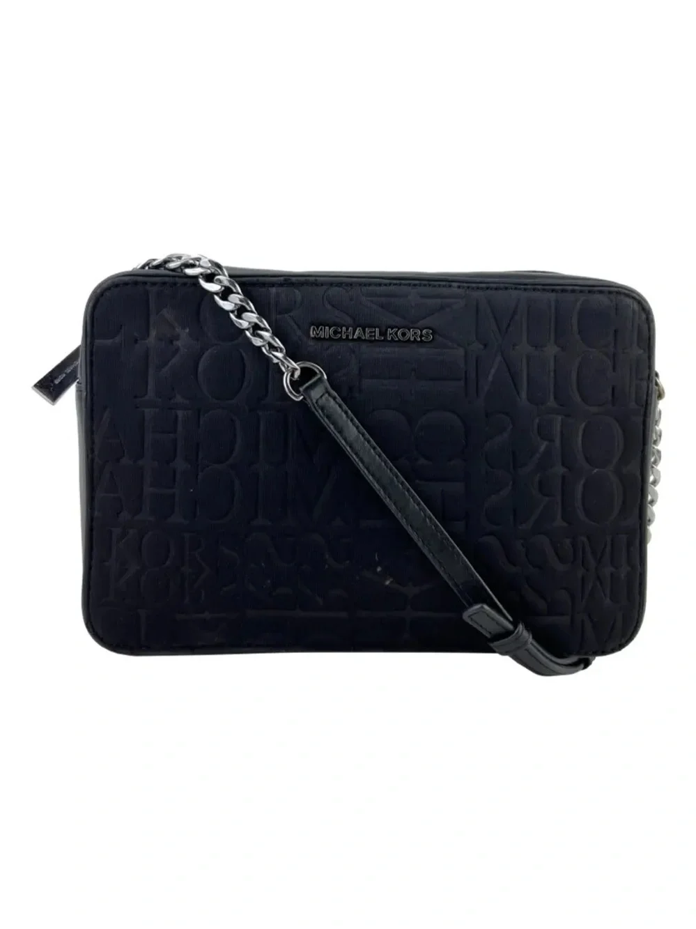 NWOT Michael Kors Black Neoprene Large Embossed Logo Crossbody Bag Silver Chain